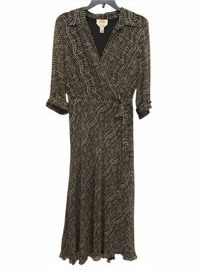 Talbots Silk Abstract Print Wrap Midi Dress Size 10 Brown Roll Tab Ruffle Hem